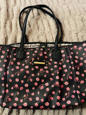 Y2K Juicy Couture Black Tote with Pink Rose Pattern